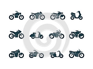 Motorcycle silhouettes. Vehicle symbols motorbikes travel cycling bike chopper street transport vector black pictures