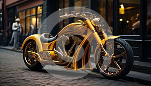 Motorcycle speeding through city, headlight shining, reflecting modern architecture generated by AI