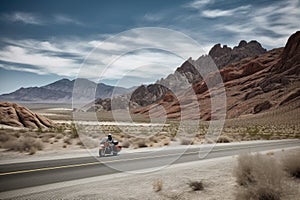motorcycle speeding past scenic mountain range