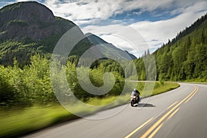 motorcycle speeding past scenic mountain range