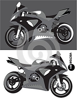 Motorcycle, sports body kit, monochrome vector isolated on black and white background. Motorbike. Sportbike. Transport