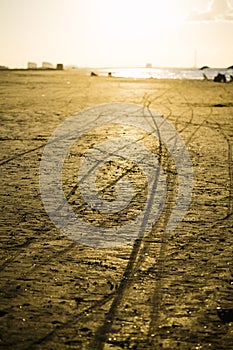 Motorcycle tracks in the golden beach sand