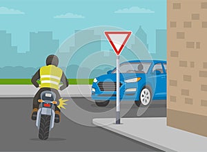 Motorcycle turns right on sharp turn with `give way` sign. Possible accident with oncoming vehicle.