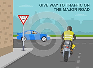 Motorcycle turns right on sharp turn with `give way` sign. Yield to traffic on the major road.