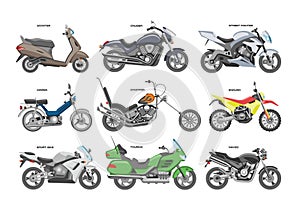 Motorcycle vector motorbike or chopper and motoring cycle ride transport illustration motorcycling set of scooter motor