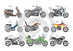 Motorcycle vector motorbike or chopper and motoring cycle ride transport illustration motorcycling set of scooter motor photo