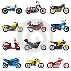 Motorcycle vector motorbike and motoring cycle ride transport chopper illustration motorcycling set of scooter motor