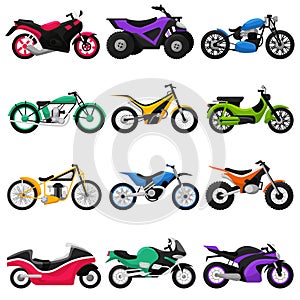 Motorcycle vector motorbike and motoring cycle ride transport chopper illustration motorcycling set of scooter motor