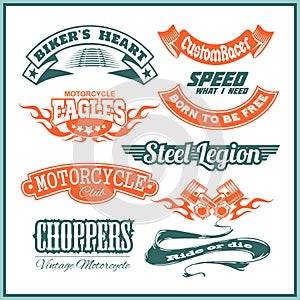 Motorcycle vector set with vintage custom logos, badges, design templates.