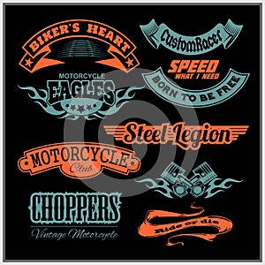 Motorcycle vector set with vintage custom logos, badges, design templates.