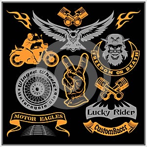 Motorcycle vector set with vintage custom logos, badges, design templates.