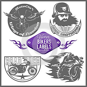 Motorcycle vector set with vintage custom logos, badges, design templates.