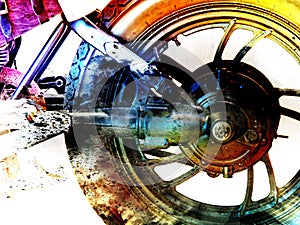 motorcycle wheel against white background smoke and special effects