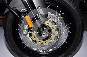 Motorcycle wheel with disc brake.