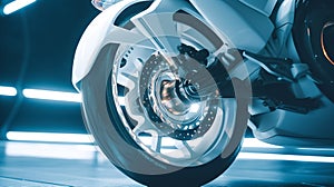 Motorcycle wheel rim in motion with white spokes.