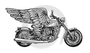 Motorcycle and wings sketch. Vintage vector illustration