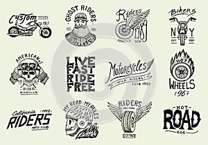 Motorcycles and biker club templates. Vintage custom skull emblems, labels badges for t shirt. Monochrome retro style