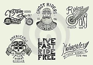 Motorcycles and biker club templates. Vintage custom skulls emblems, labels badges for t shirt. Monochrome retro style