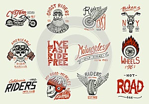 Motorcycles and biker club templates. Vintage custom skulls emblems, labels badges for t shirt. Monochrome retro style