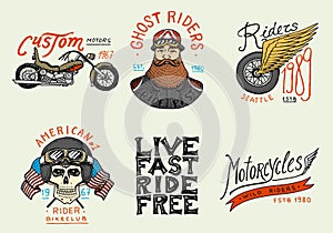 Motorcycles and biker club templates. Vintage custom skulls emblems, labels badges for t shirt. Monochrome retro style