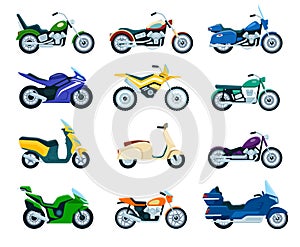 Motorcycles, motorbike, delivery scooter, chopper flat icon. Vintage motorcycle, side view different types of