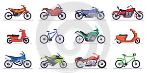 Motorcycles and scooters. Motorbike, speed bikes modern vehicles, scooters, motocross bike and choppers isolated vector