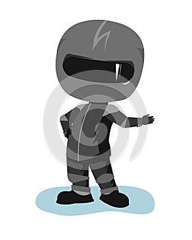 Motorcyclist in a black jacket and helmet. Biker uniform. Cartoon style. Hitchhiking on the road. Flat design. Isolated
