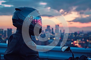Motorcyclist in a full-face helmet gazes at a city\'s twilight horizon