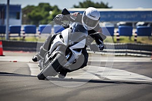 A motorcyclist in full gear, including a white helmet and protective clothing, is dynamically cornering on a sport