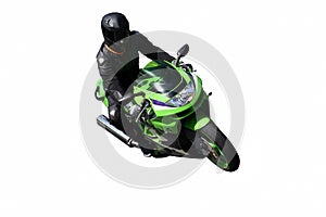 Motorcyclist with green motorbike