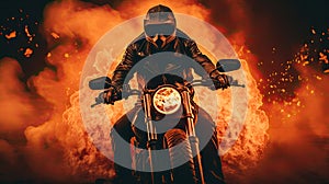 A motorcyclist in a helmet and leather jacket rides a motorcycle through a scorching fire