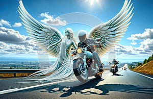 Motorcyclist on the highway with a white guardian angel watching over him