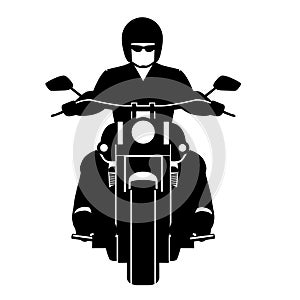Motorcyclist icon. Silhouette frontal classic biker on a large motorcycle
