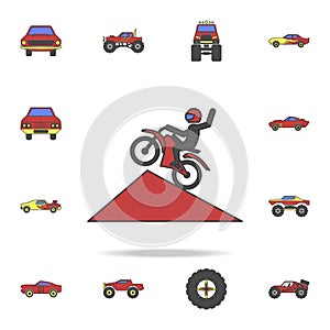 motorcyclist in jump field coloricon. Detailed set of color big foot car icons. Premium graphic design. One of the collection