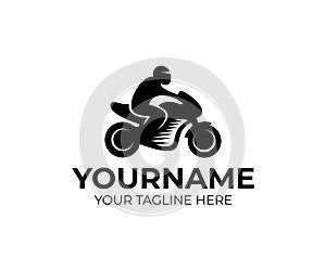 Motorcyclist on motorcycle, motorbike, logo template. Moto sport and racing, vector design