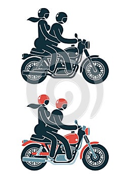 Motorcyclist with a passenger girl on a classic motorcycle photo