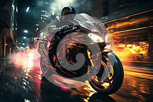 motorcyclist racer drives a sports motorcycle fast on road in the city at night. Motion blur, speed