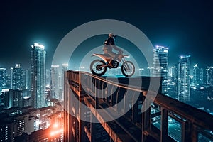 motorcyclist racer on sports motorcycle on roof of skyscraper at night. Generative AI