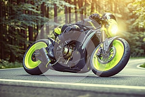 Motorcyclist ride, leaning on a bend at forest during a sunny day