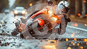 Motorcyclist riding a motorcycle on the road in the rain and crash accident