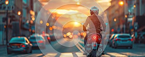Motorcyclist riding at sunset on city street