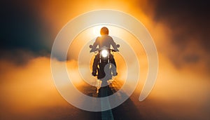 Motorcyclist riding into the sunset on a road