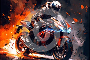 A motorcyclist riding a superbike, against an abstract background.. Generative AI