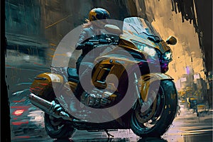 Motorcyclist riding a Touring motorcycle, against an abstract background.Generative AI