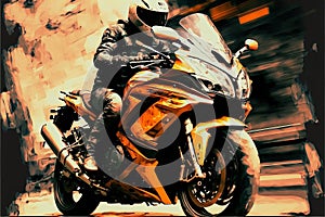 Motorcyclist riding a Touring motorcycle in city , against an abstract background.Generative AI