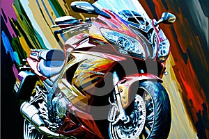 Motorcyclist riding a Touring motorcycle in city , against an abstract background.Generative AI