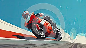 a motorcyclist speeding on a highway, leaning into a sharp corner with sporty precision, in a realistic photograph.