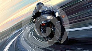 a motorcyclist speeding on a highway, leaning into a sharp corner with sporty precision, in a realistic photograph.