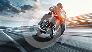 a motorcyclist speeding on a highway, leaning into a sharp corner with sporty precision, in a realistic photograph.