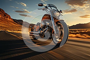 Motorcyclist speeds on highway at sunrise, open road beckoning ahead